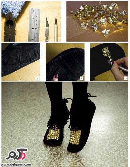 تزئین کفش با مهره های طلایی
